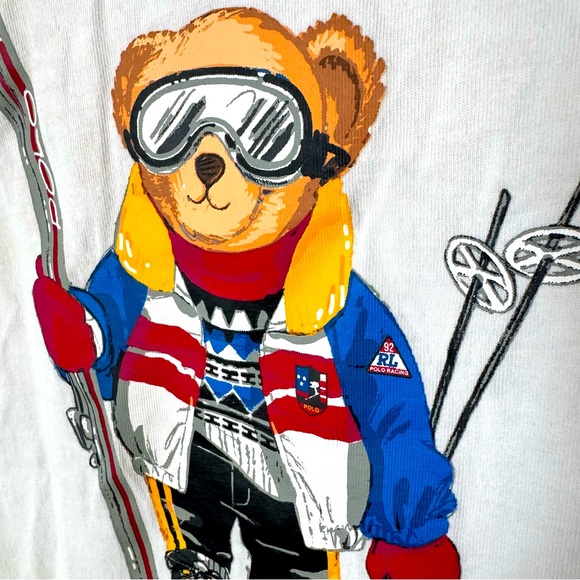 Polo Ralph Lauren White Kids’ T-shirt Size Medium Bear Skiing Winter Holiday - Picture 3 of 11